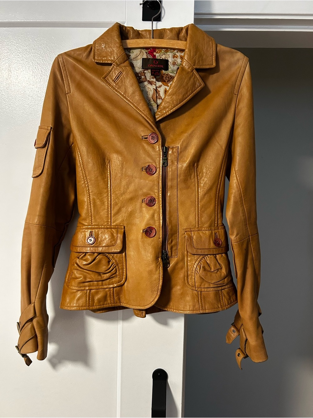 Danier Caramel Leather Button & Zip Front Jacket
